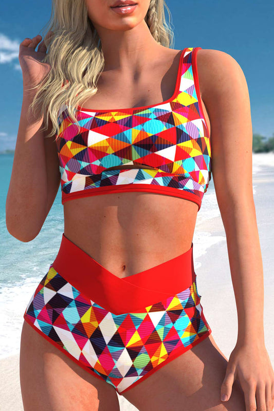 Vurig rood 2-delige bikini met geometrische print en hoge taille