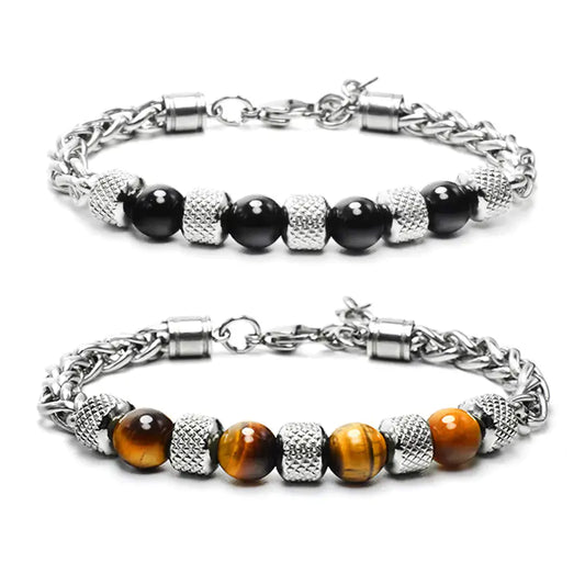 New Men's Adjustable Natural Stone Bead Stainless Steel Bracelet