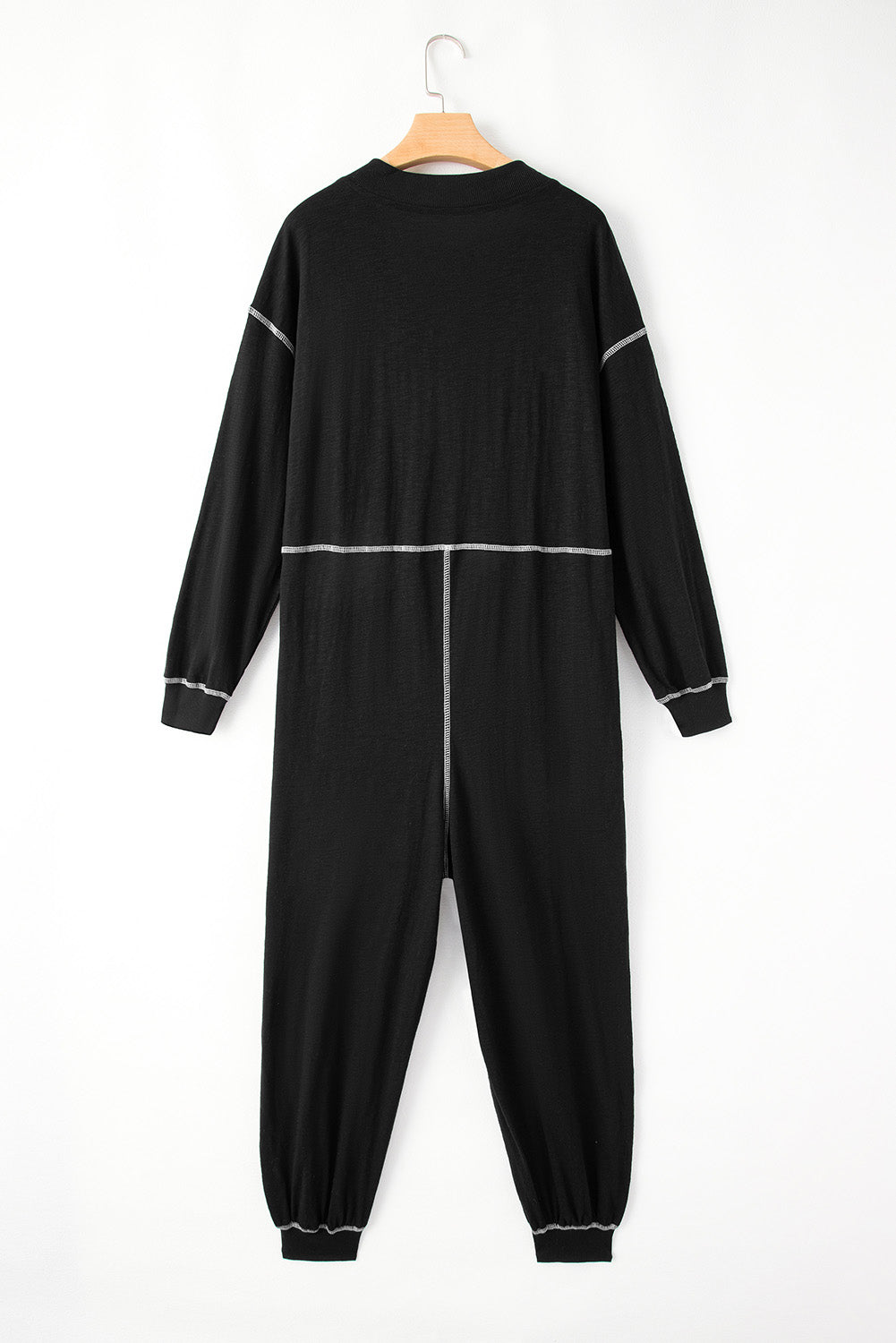 Zwarte flatlock naaddetail V-hals baggy jumpsuit