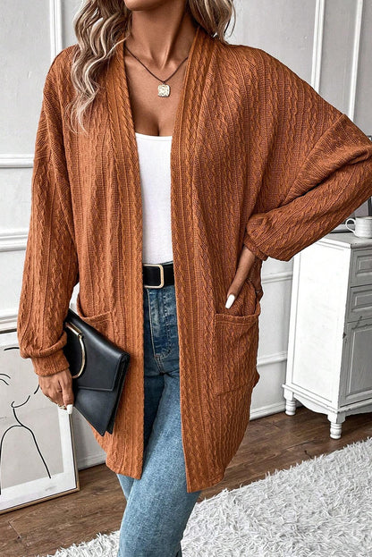 Chestnut Textured Knit Side Pockets Open Front Cardigan