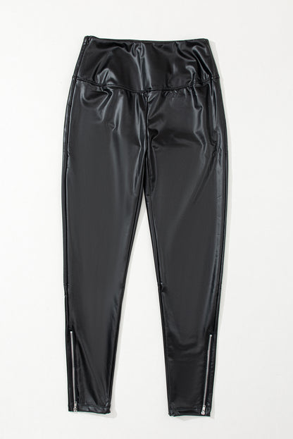 Black Faux Leather Zipped Detail Leggings