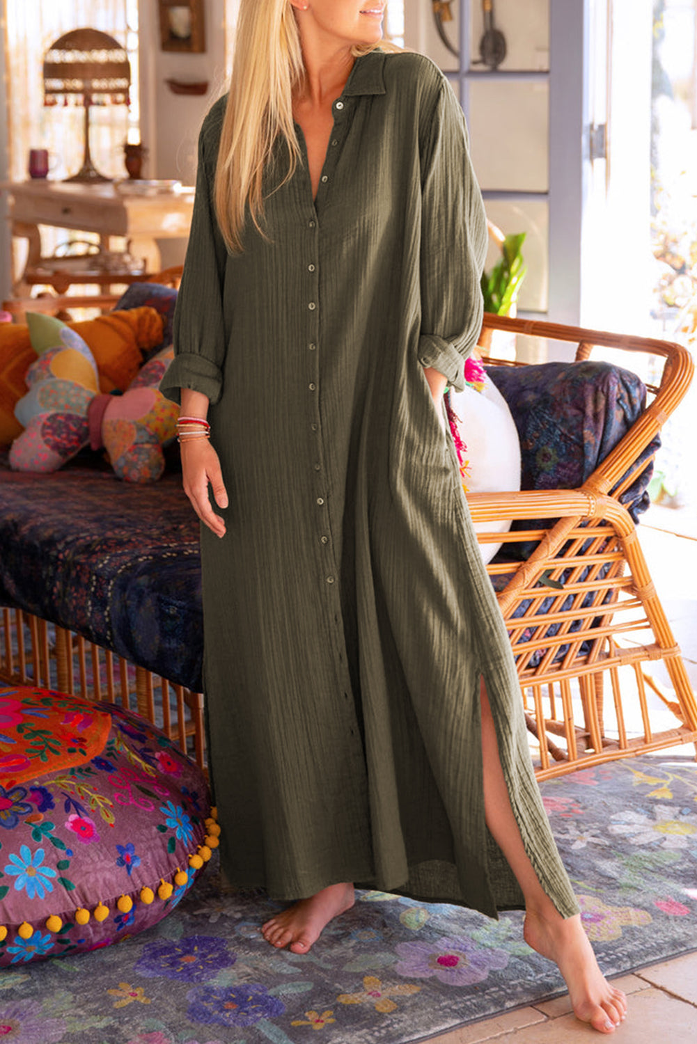 Groene gekreukte, casual split-shirt maxi-jurk met knopen