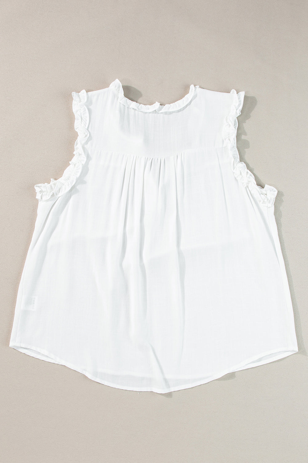 White Button Split Neck Ruffled Trim Tank Top