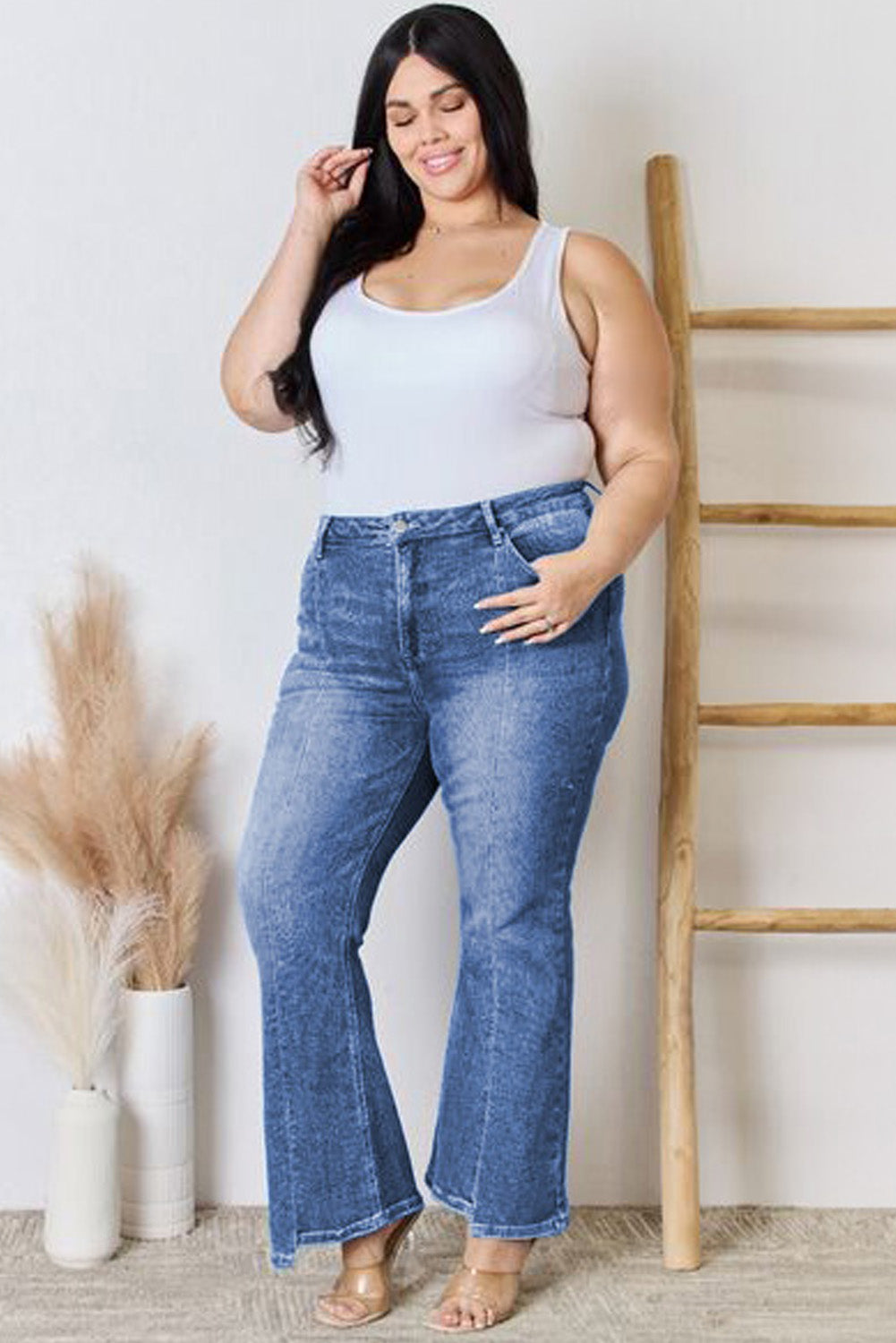 Blauwe Plus Size Open Naad Hoge Taille Flare Jeans