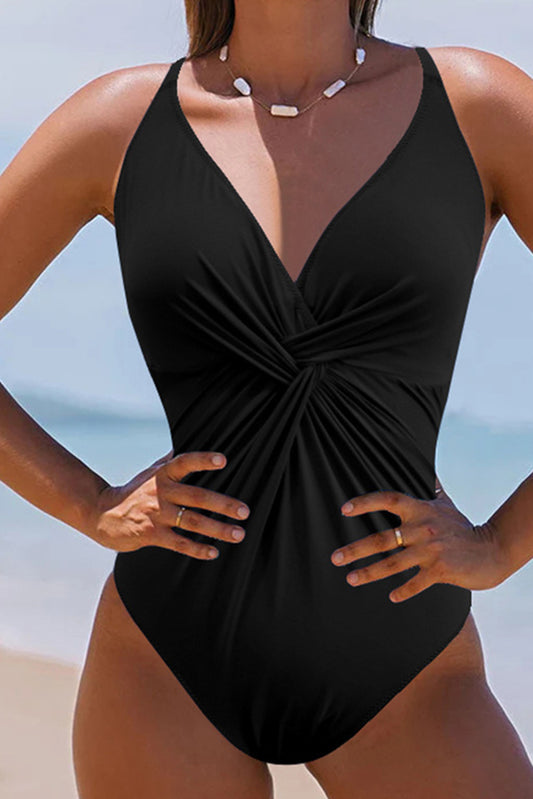 Dark Blue V Neck Twist Ruched Crisscross Backless One-Piece Swimsuit