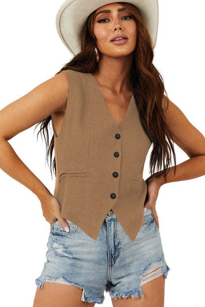 Wit effen kleur knoopsluiting V-hals pak vest