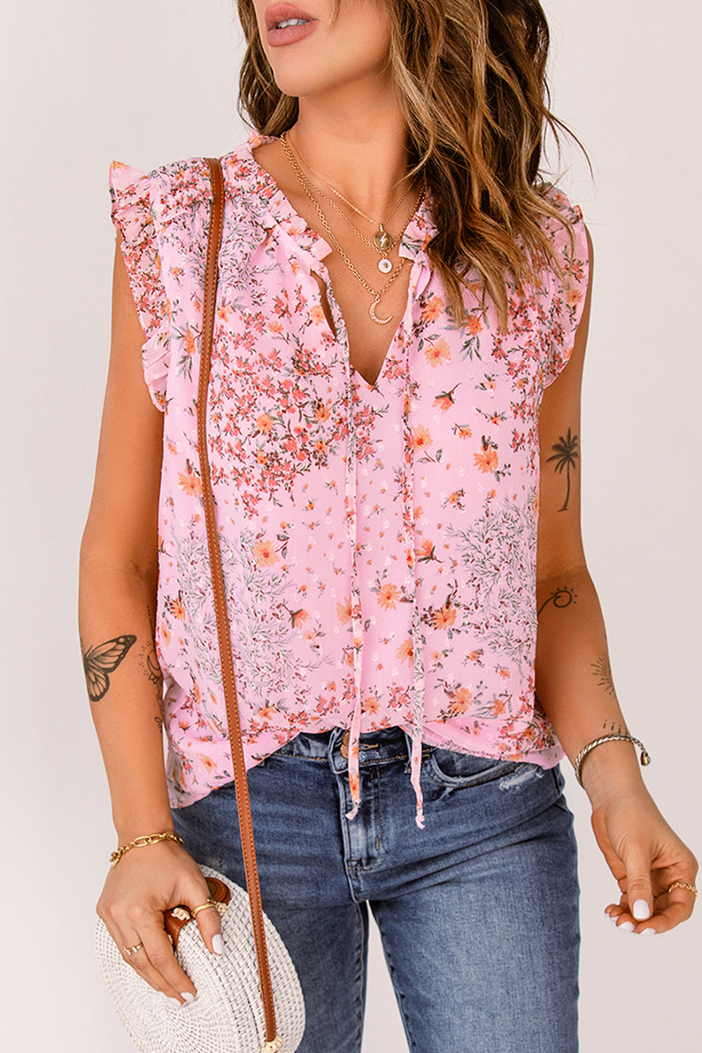 Roze mouwloze top met trekkoord en ruches met bloemenprint