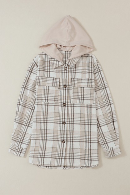 Khaki Plaid Afneembare Capuchon Geknoopte Shacket