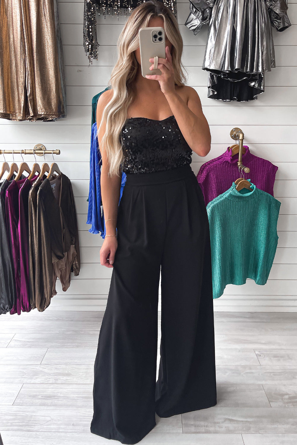 Zwarte jumpsuit met wijde pijpen en pailletten