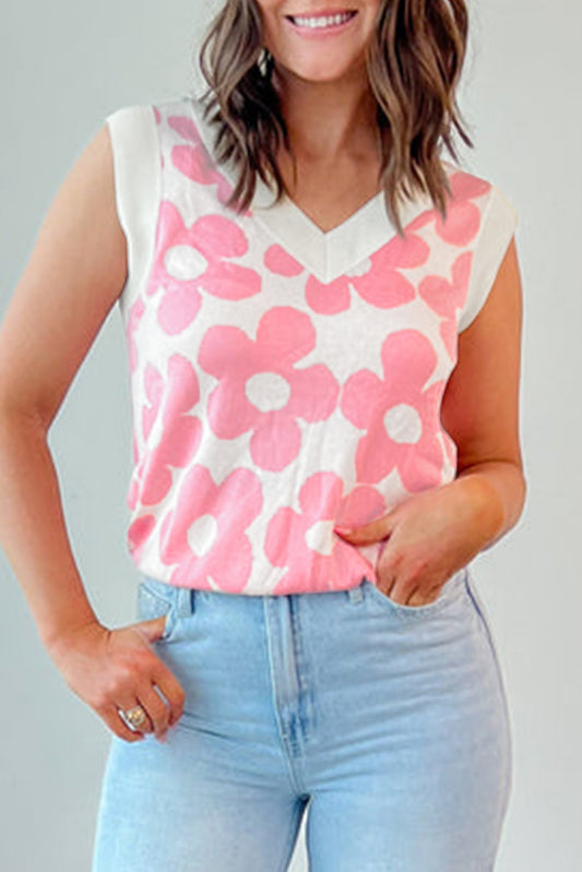 Pink Cute Flower Knitted V Neck Tank Top