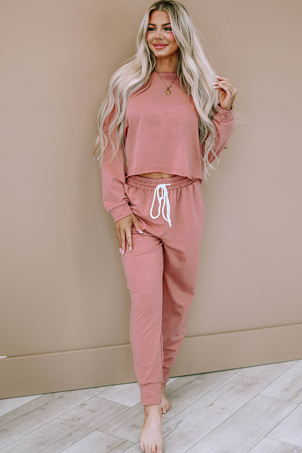 Roze effen sport boxy fit pullover en broek outfit