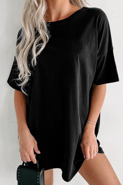 Zwart effen ronde hals basic tuniek T-shirt