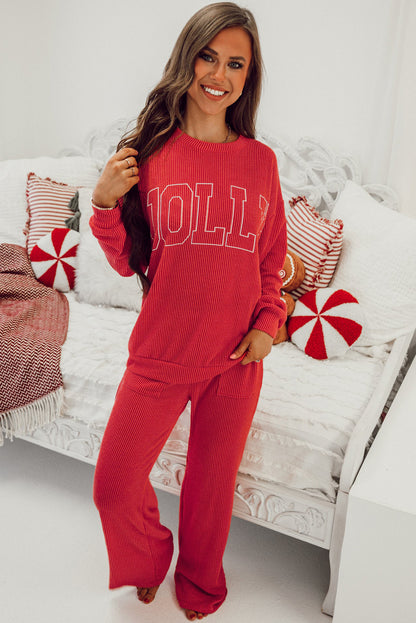 Vurig rood JOLLY Corded Long Sleeve Top en Broekset met Zakken