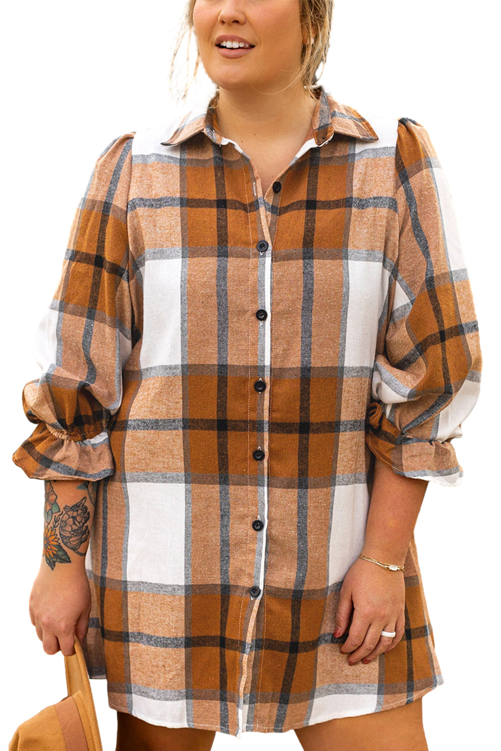 Khaki Plus Size Plaid Flounce Mouw Knoopsluiting Shirtjurk