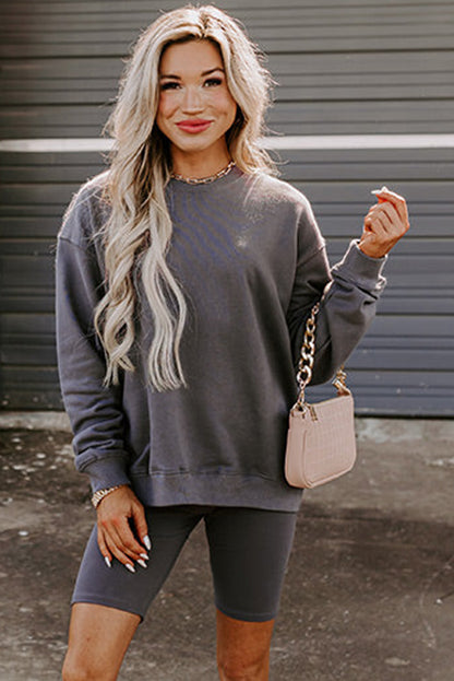 Dark Grey Solid Color Pullover and Skinny Shorts Two Piece Set