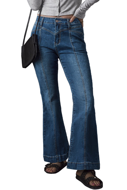 Blauwe jeans met hoge taille en naden en stiksels en flared zakken