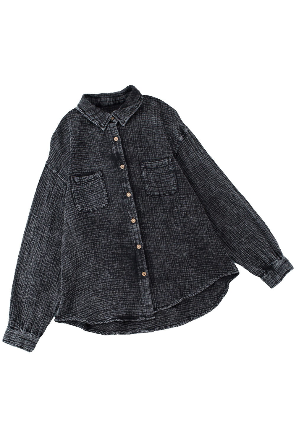 Black Mineral Wash Crinkle Textured Chest Pockets Shirt