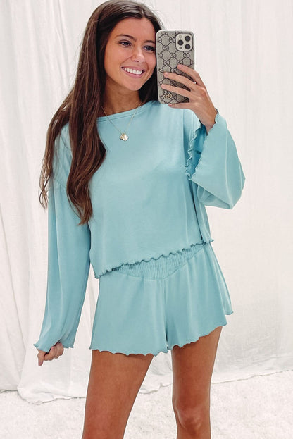 Sky Blue Long Sleeve Top & Shirred High Waist Shorts Set