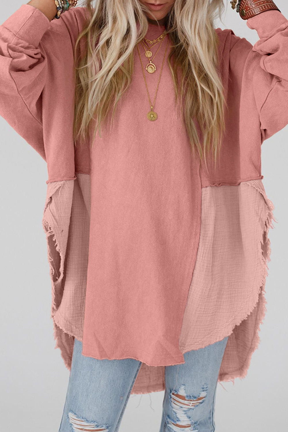 Camel Crinkle Splicing Raw Hem High Low Oversized Blouse