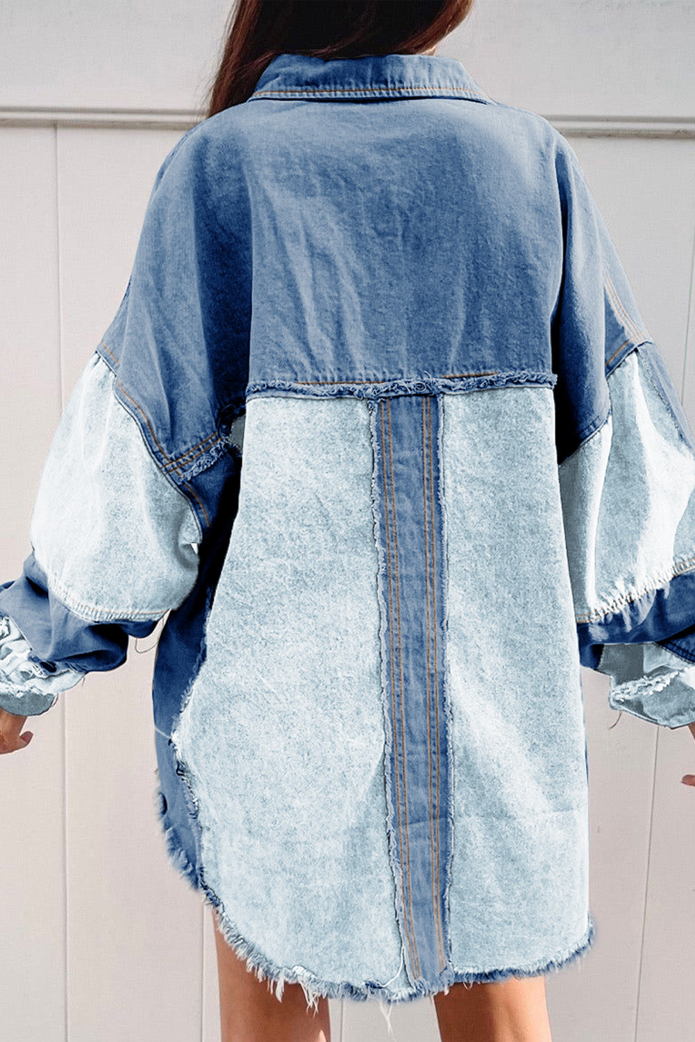 Blauwe kleurblok gerafeld patchwork oversized denim jack