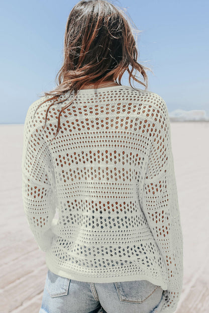 Witte Hollow Out Crochet V-hals Pullover Trui