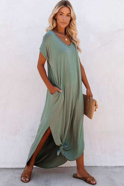 Black V Neck Hidden Pocket Splits Maxi T-shirt Dress