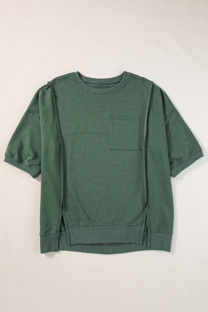 Laurel Green Blootgestelde Naad Borstzak Split Los T-shirt