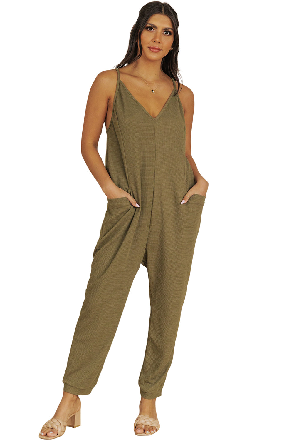 Grijze, getextureerde, mouwloze, V-hals, casual jumpsuit met zakken