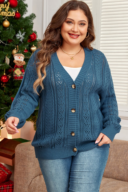 Echte Teal Open Knit V-hals Knoopsluiting Voorkant Drop Schouder Plus Size Cardigan