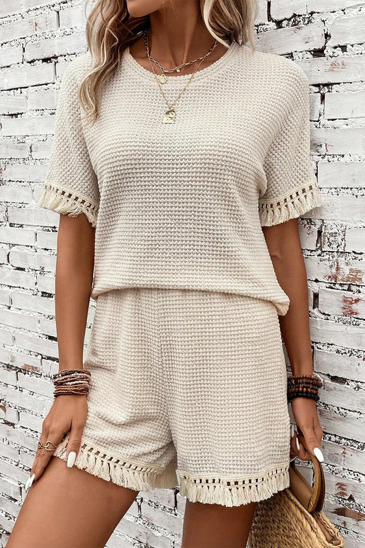 Beige Fringe Trim Textured Short Tweedelige Set