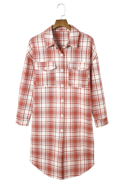 Fiery Red Plaid Print Button Long Shacket