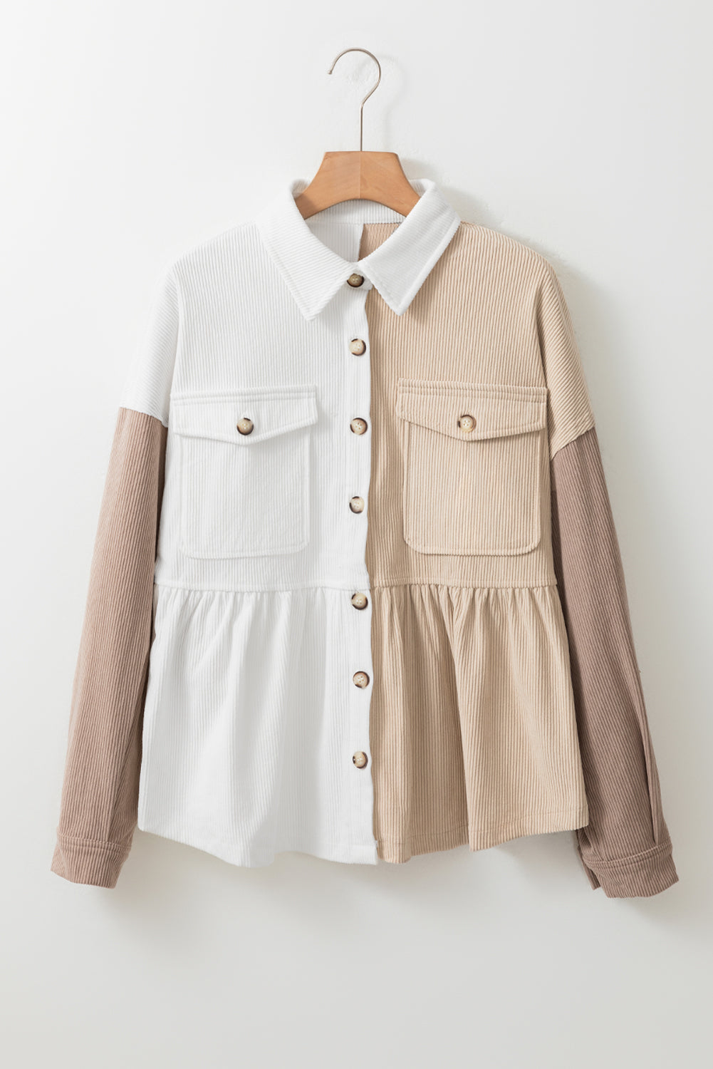 Khaki Corduroy Colorblock Knoopsluiting Losse Shacket