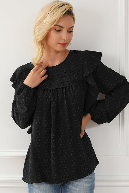 Zwartgroene kanten blouse met ruches op de schouder en lange mouwen