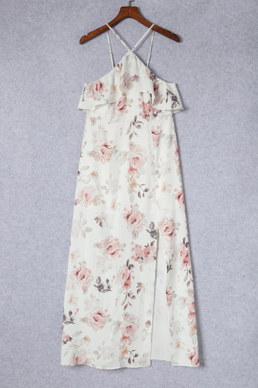 White Floral Slit Ruffled Halterneck Maxi Dress