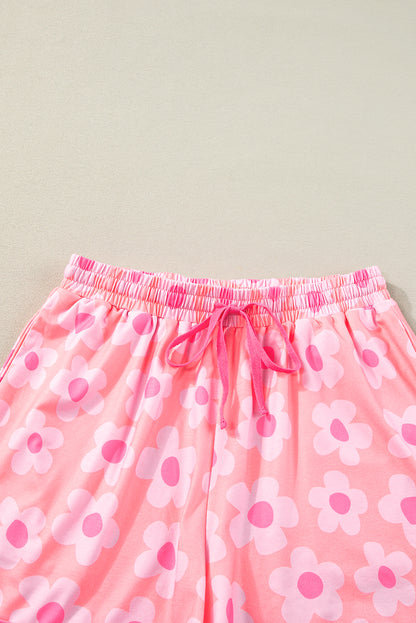 Pink Flower Print Short Sleeve Shirt Pajamas Set