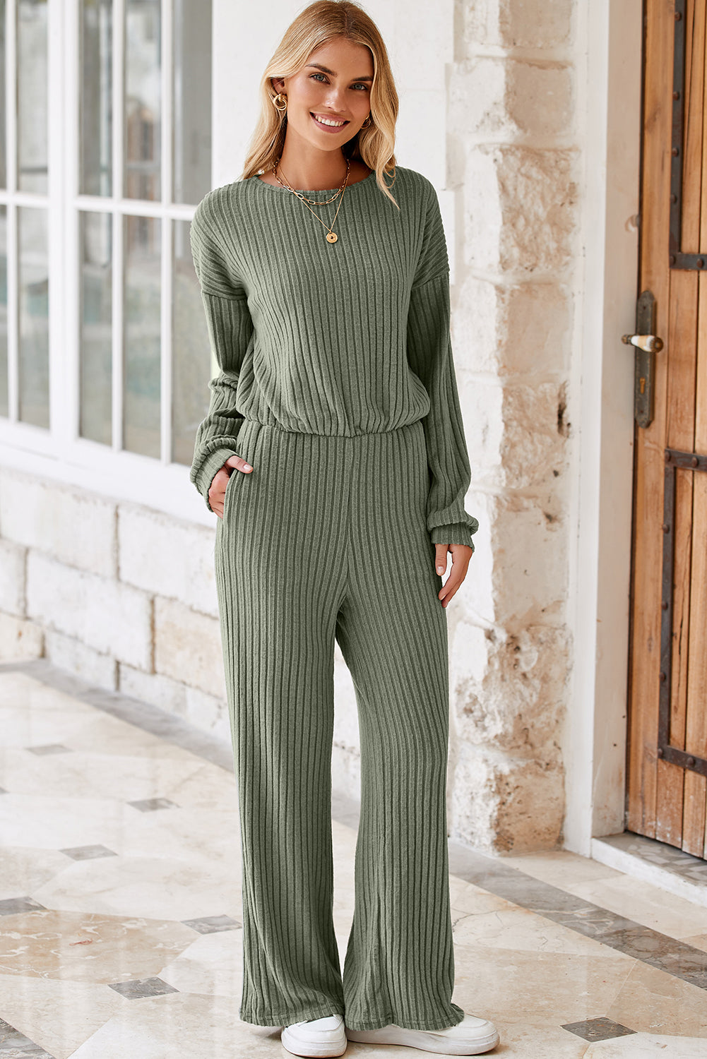 Black Solid Ribbed Knit Keyhole Back High Waist Jumpsuit