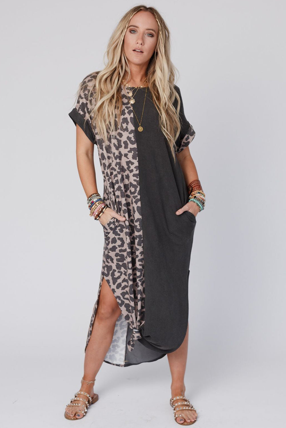 Gray Contrast Solid Leopard Short Sleeve T-shirt Dress with Slits