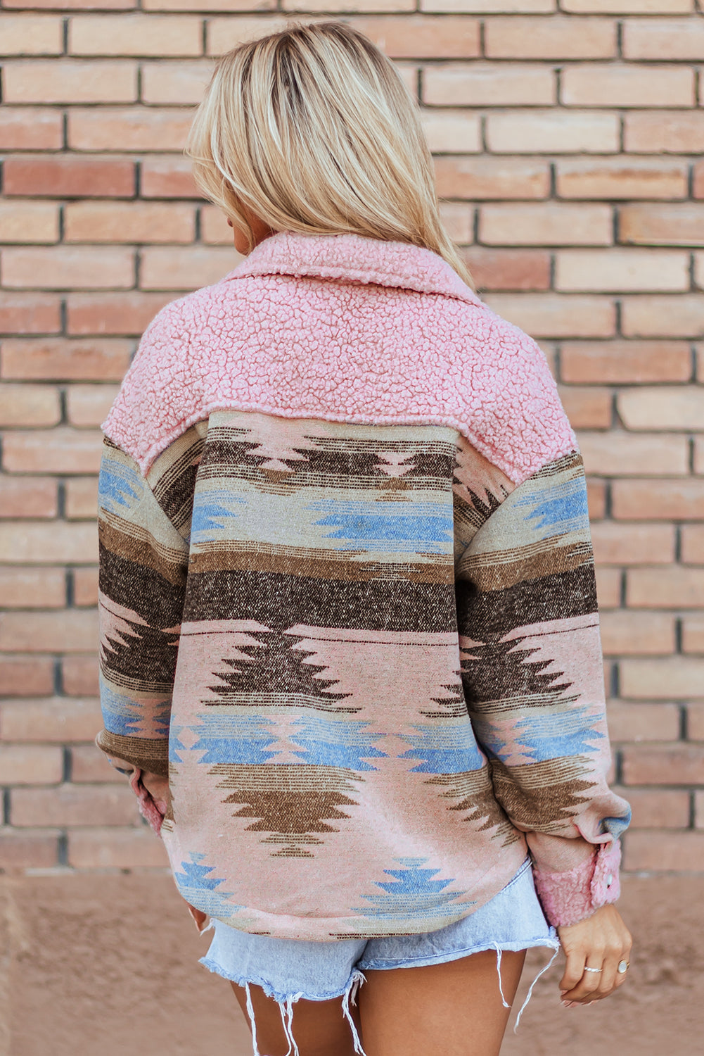 Roze Western Aztec Print Sherpa Splicing Geknoopte Jas met Klepzakken