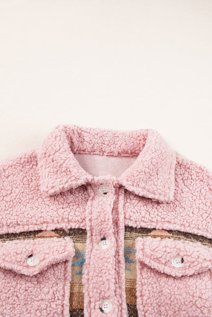 Roze Western Aztec Print Sherpa Splicing Geknoopte Jas met Klepzakken