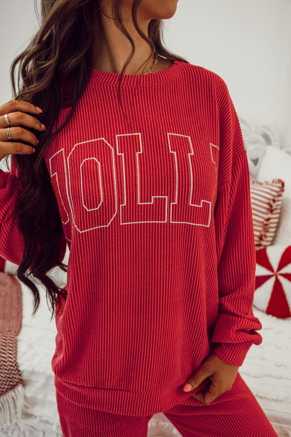 Vurig rood JOLLY Corded Long Sleeve Top en Broekset met Zakken