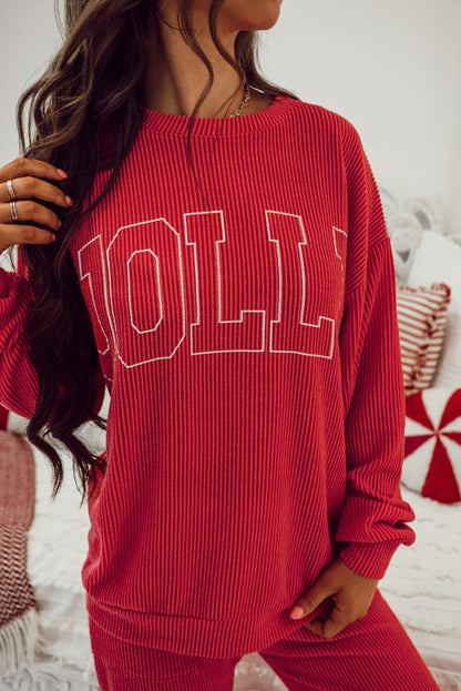 Vurig rood JOLLY Corded Long Sleeve Top en Broekset met Zakken