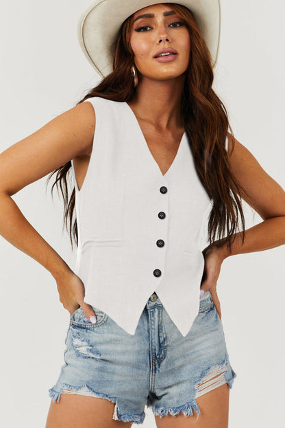 Wit effen kleur knoopsluiting V-hals pak vest