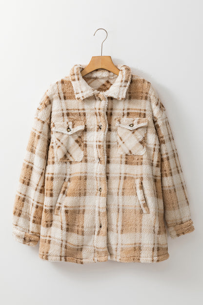 Khaki Sherpa Plaid-jas met knoopsluiting en zakken