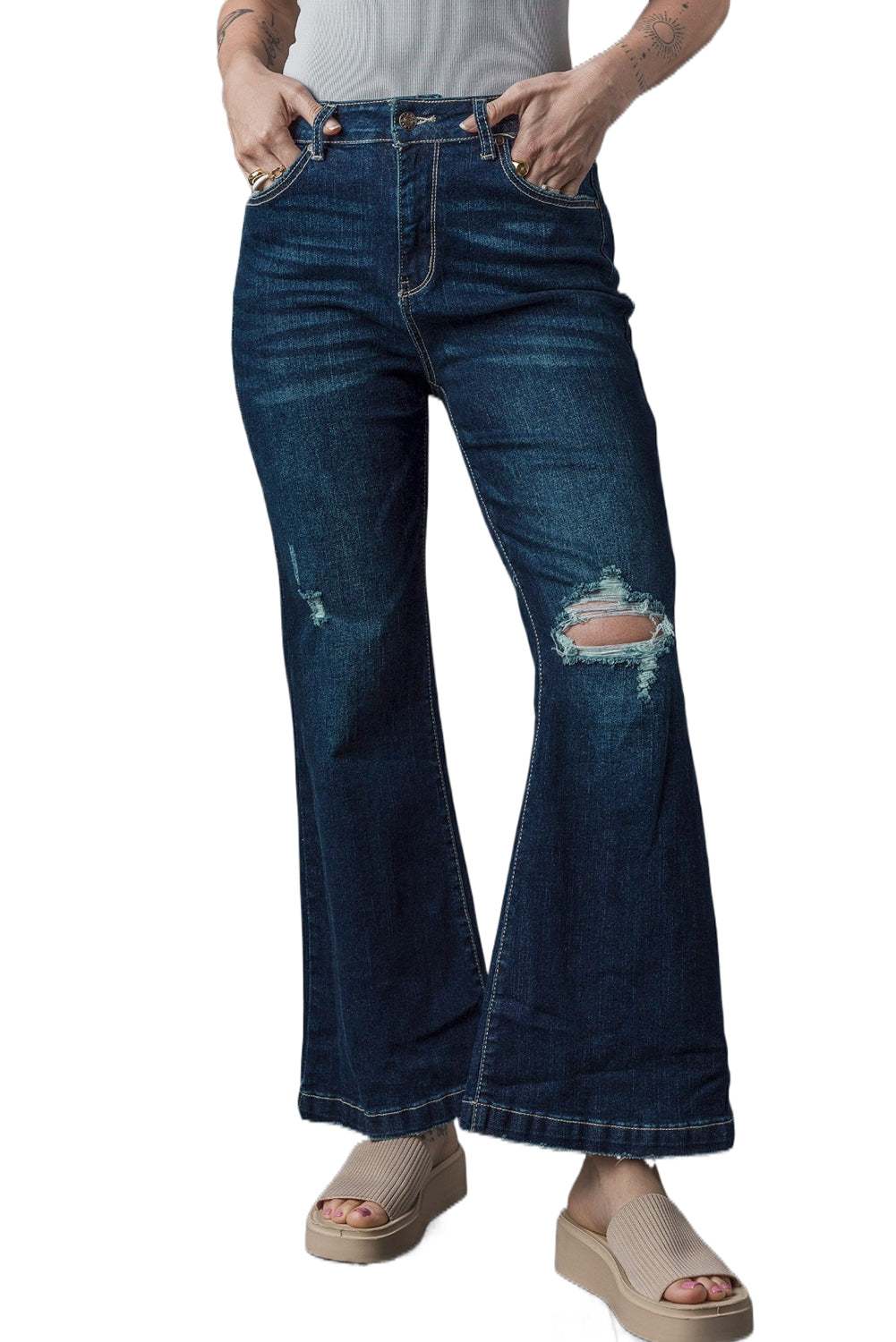 Echte Teal High Rise Ripped Bell Bottom Jeans