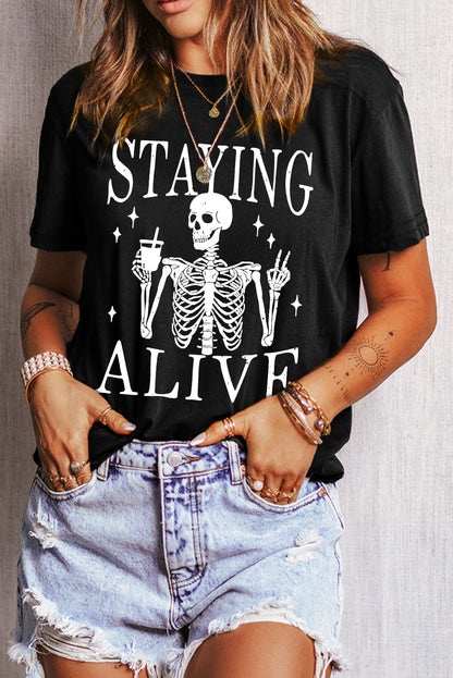 Zwart STAYING ALIVE Grappig Skelet Print Ronde Hals T-shirt