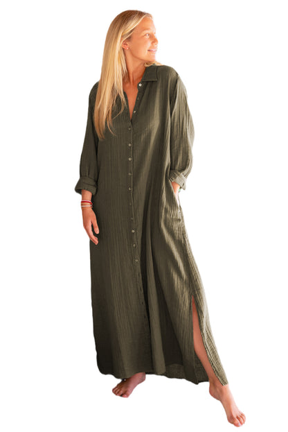 Groene gekreukte, casual split-shirt maxi-jurk met knopen