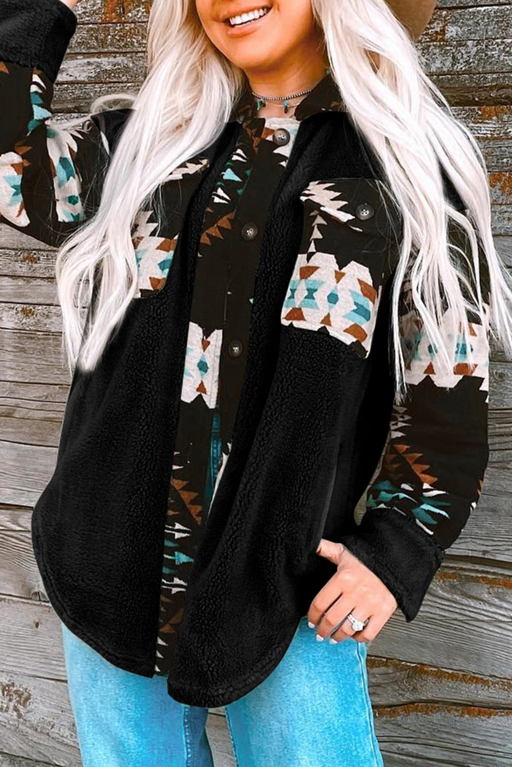 Zwarte Western Aztec Print Accent Fleece Shacket