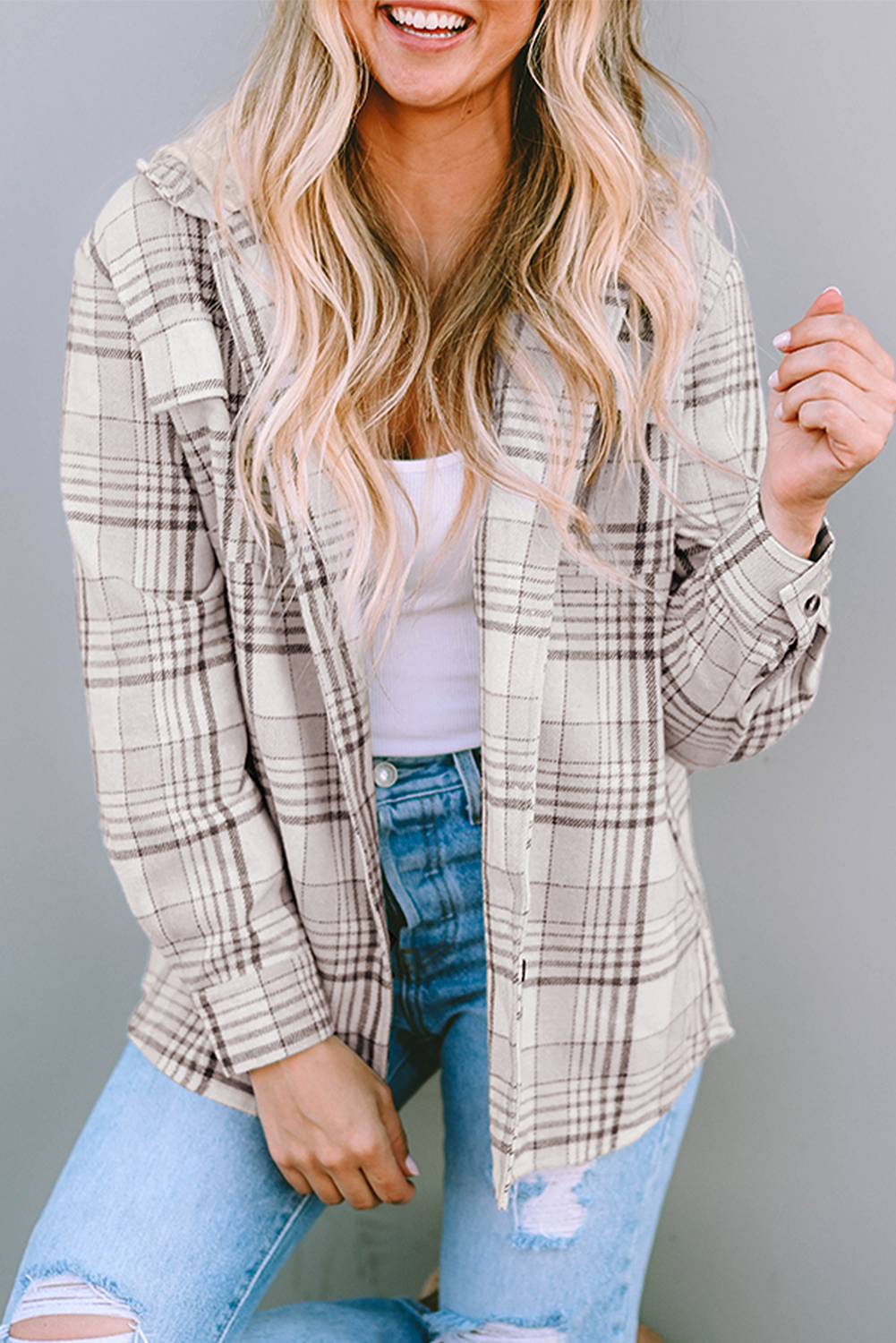 Khaki Plaid Afneembare Capuchon Geknoopte Shacket