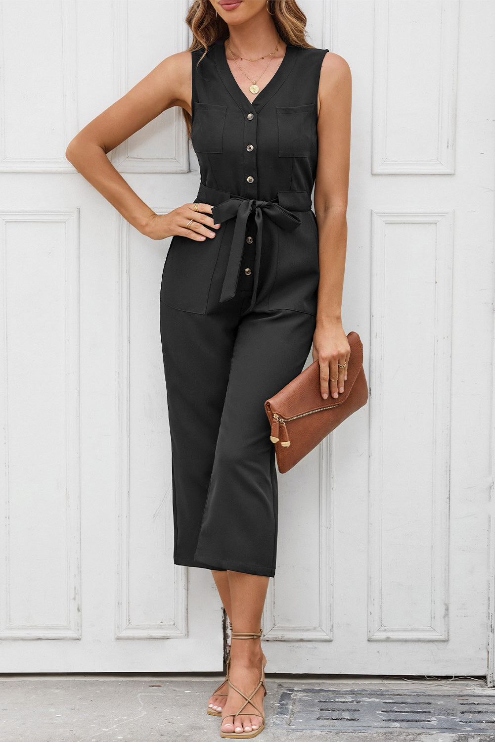 Zwarte geknoopte mouwloze cropped jumpsuit met sjerp