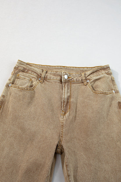 Lichte Franse beige acid washed high rise cropped wijde pijp jeans